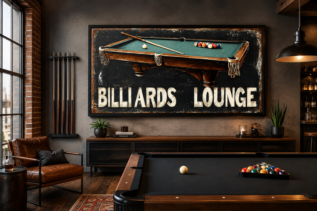 Billiards Lounge canvas print featuring a vintage pool table illustration on a dark background.