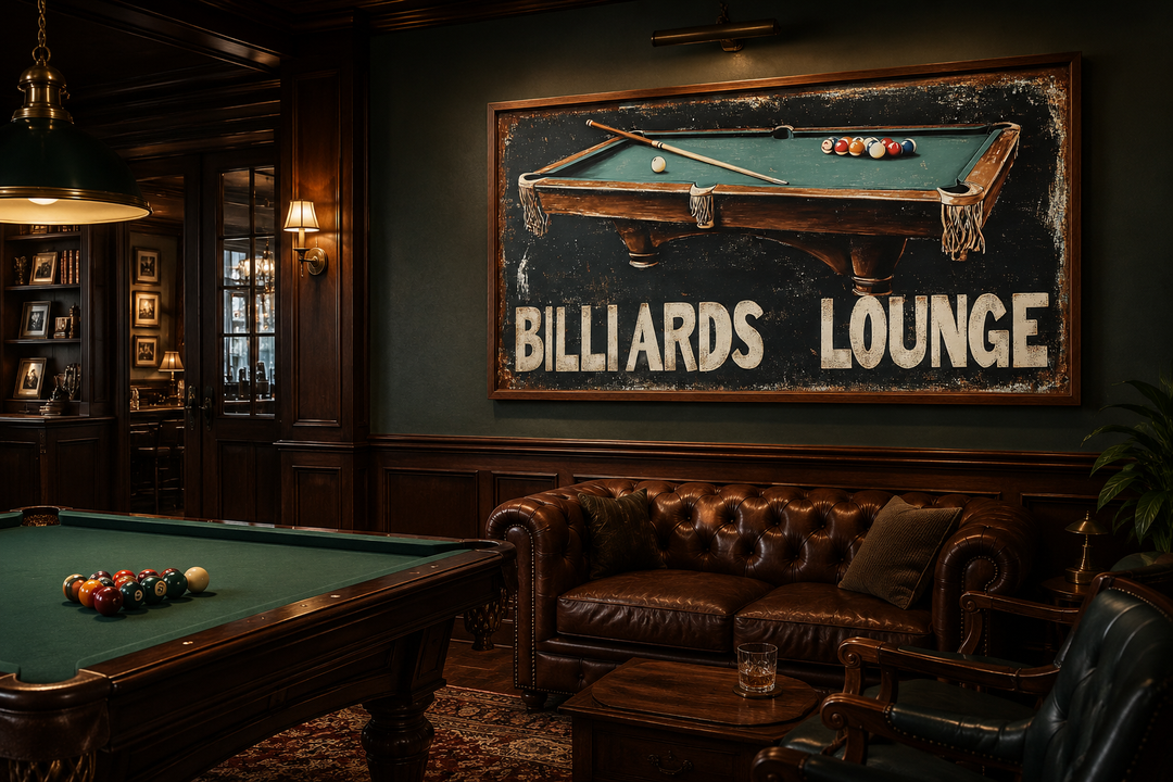 Billiards Lounge canvas print featuring a pool table painting in a classic game room setting.