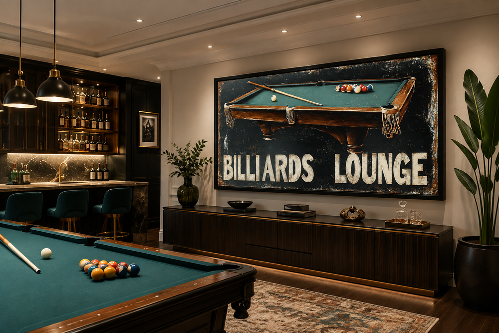Billiards Lounge canvas print featuring a pool table painting above a modern dark wood sideboard.