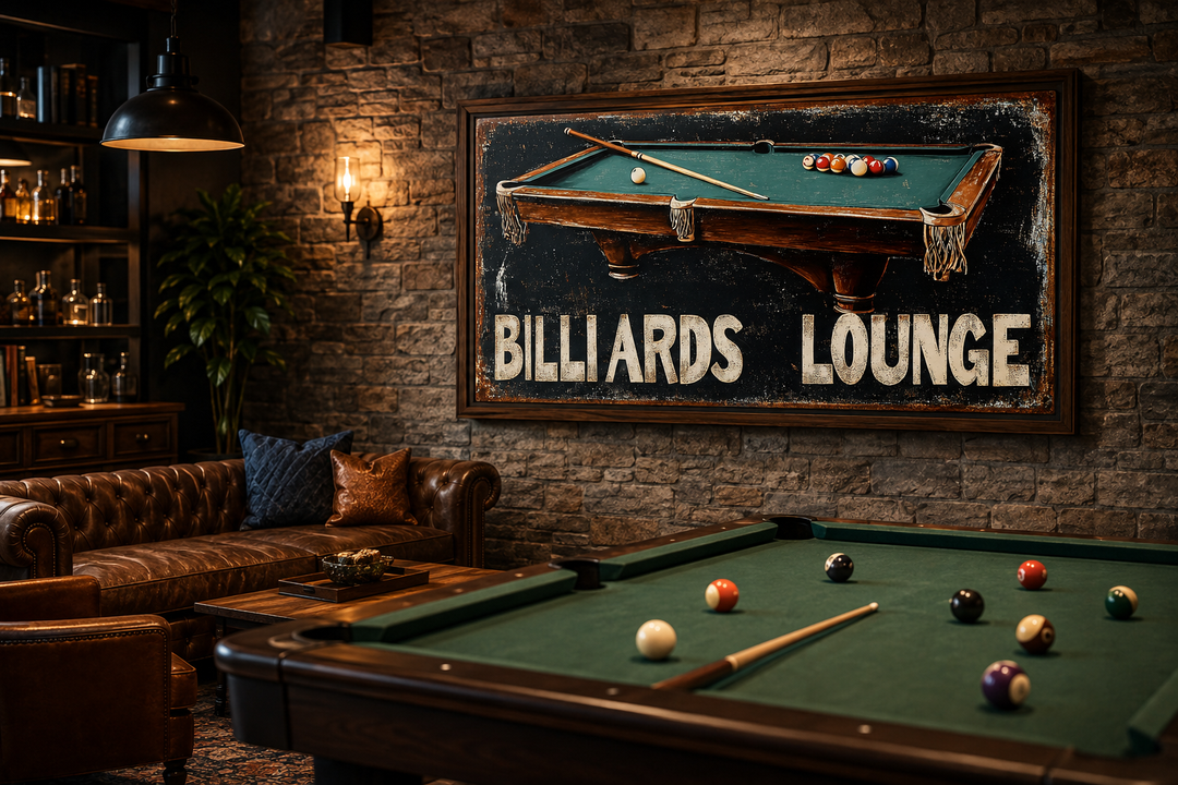 Billiards Lounge canvas print sign on a stone wall above a pool table in a rustic game room.