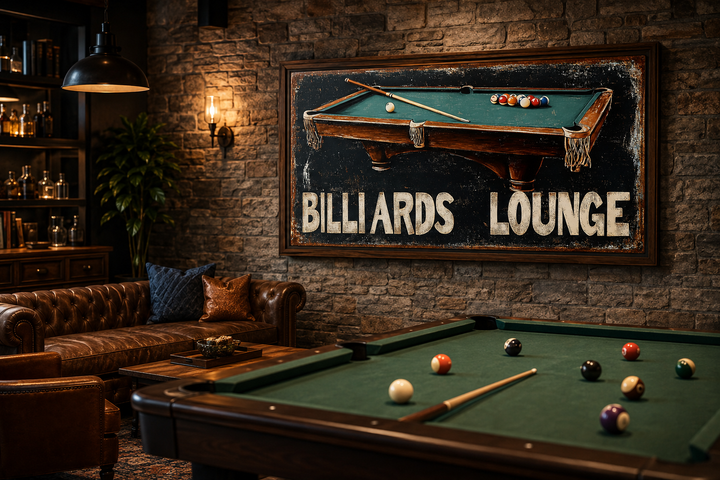 Billiards Lounge canvas print sign on a stone wall above a pool table in a rustic game room.