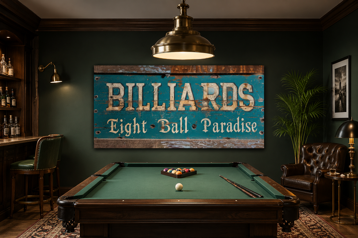 Vintage Billiards Eight Ball Paradise sign on a dark green wall above a classic pool table.