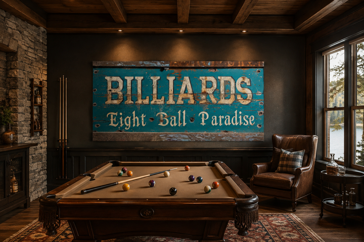 Vintage Billiards Eight Ball Paradise sign on a dark wall above a pool table in a rustic game room.