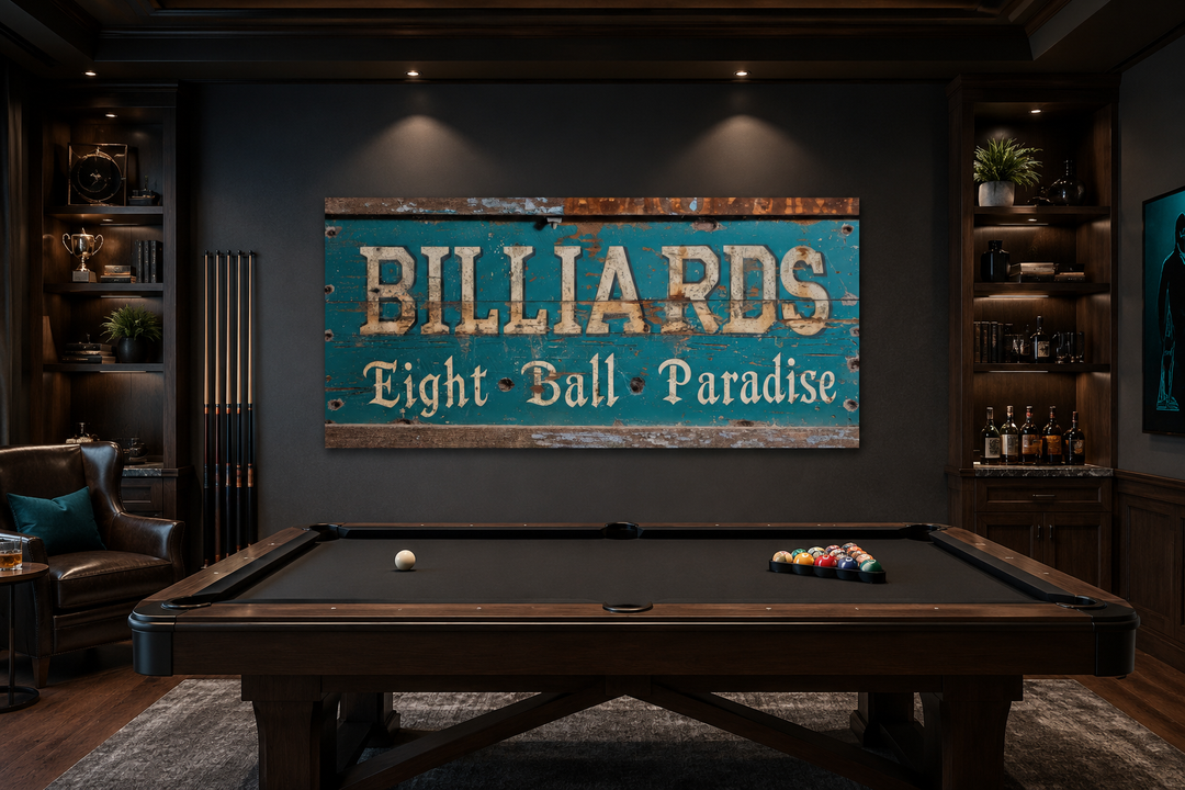 Vintage Billiards Eight Ball Paradise sign on a dark wall above a pool table in a game room.