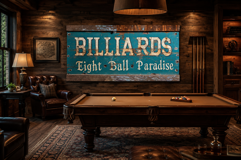 Vintage teal Billiards Eight Ball Paradise sign on a wood wall above a pool table in a game room.