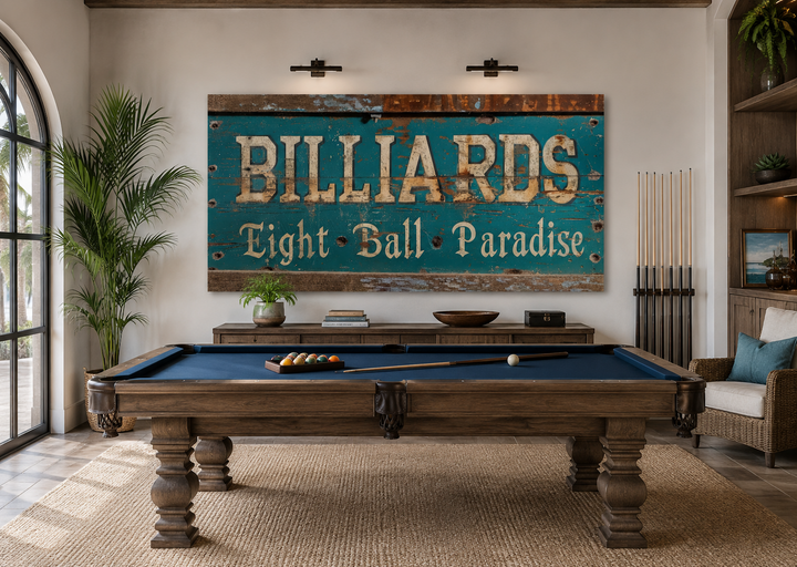 Vintage Billiards Eight Ball Paradise sign on a wall above a wooden pool table in a game room.