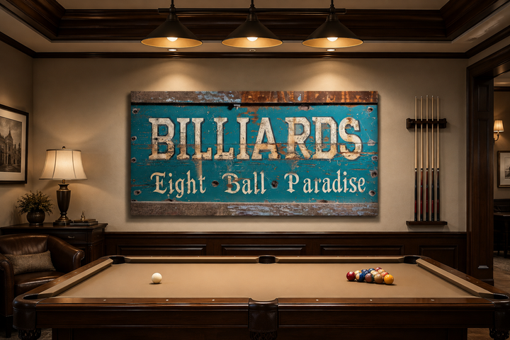 Vintage Billiards Eight Ball Paradise sign on a wall above a pool table in a classic game room.