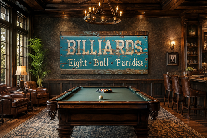 Vintage Billiards Eight Ball Paradise sign on a dark wall above a pool table in a classic game room.