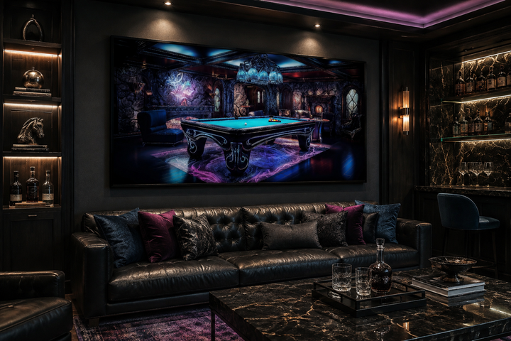 Framed neon billiards canvas wall art hanging above a black leather sofa in a dark game room.