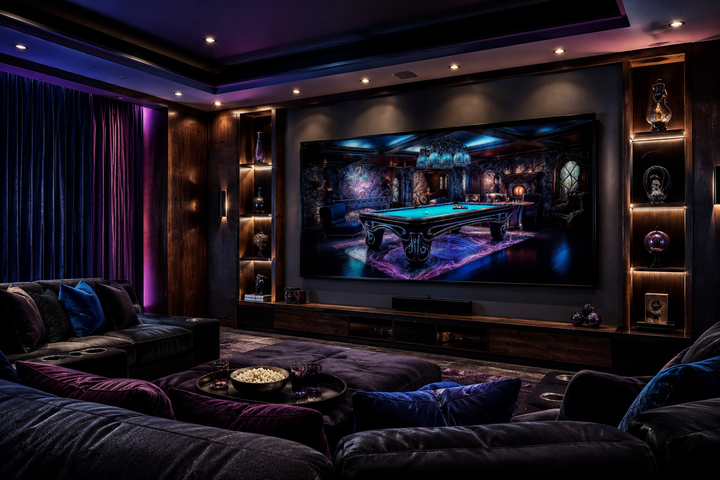 Billiards Neon Wall Art framed canvas print displayed in a modern home theater room.