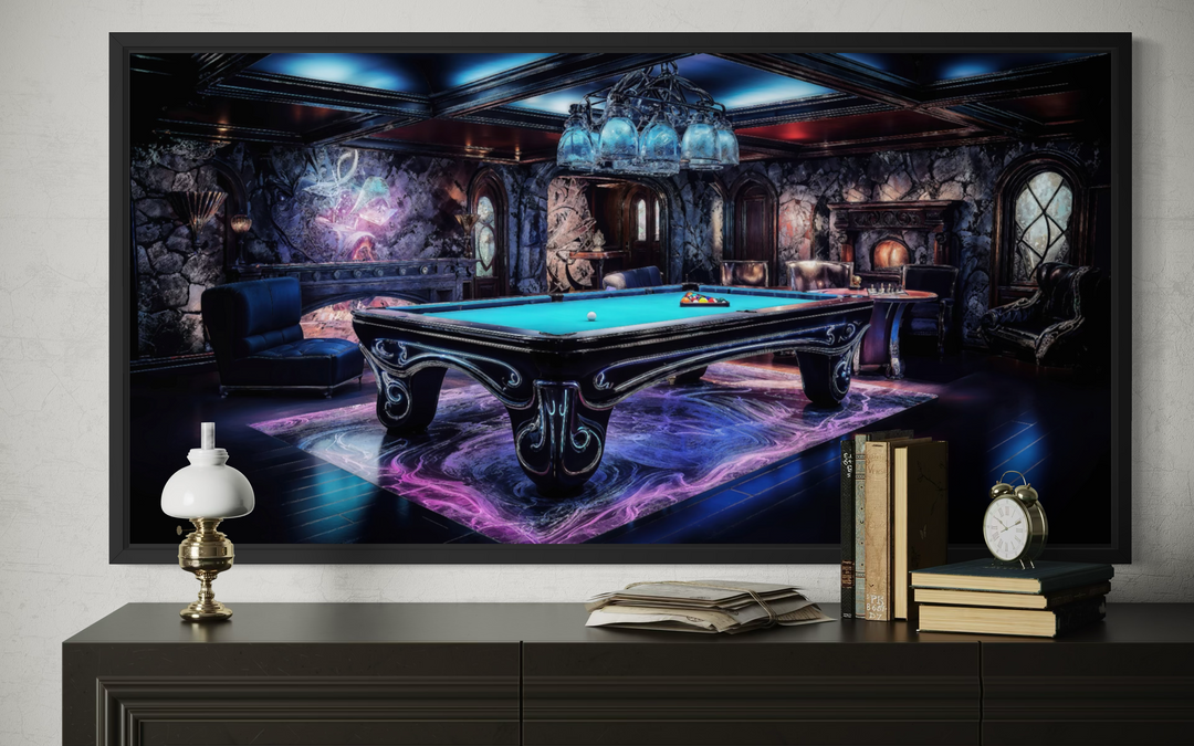 Framed canvas wall art of a neon-lit billiards room with a pool table and gothic decor.