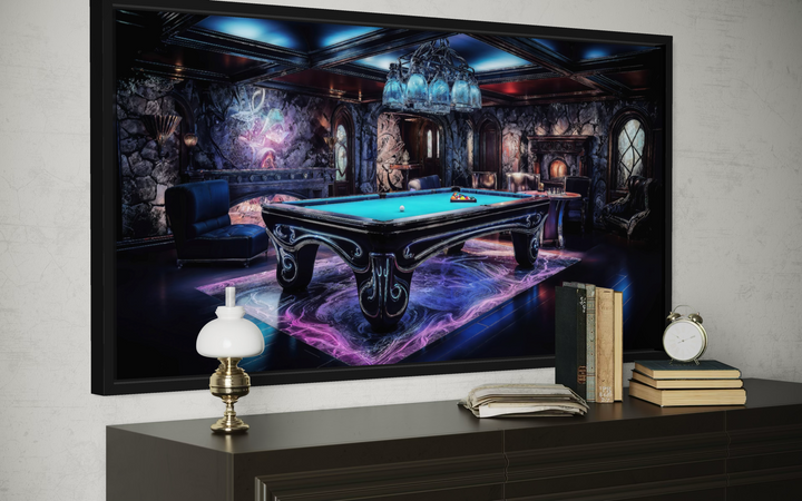 Framed neon billiards wall art above a dark dresser with a lamp, books, and a clock.