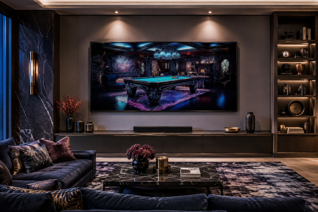 Billiards Neon Wall Art framed canvas print featuring a glowing pool table in a dark game room.
