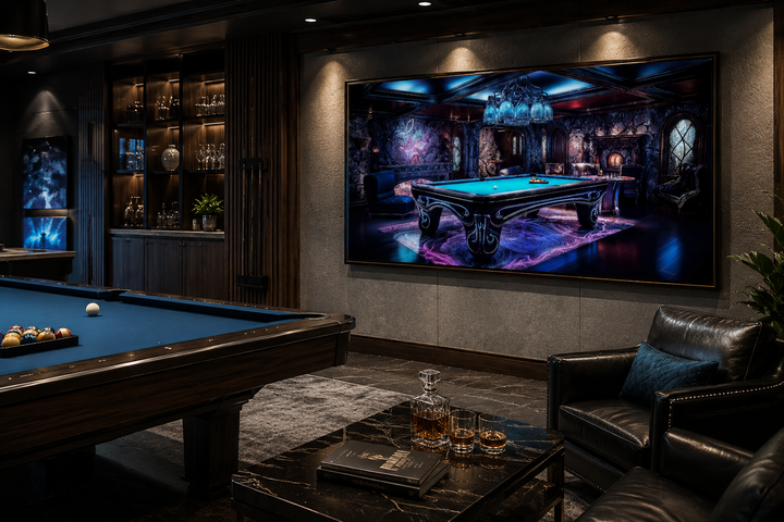 Framed canvas wall art of a neon-lit pool table in a dark, modern game room setting.