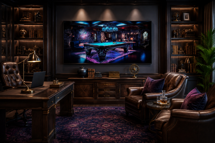 Framed canvas wall art of a neon-lit billiards table in a dark, sophisticated home office setting.