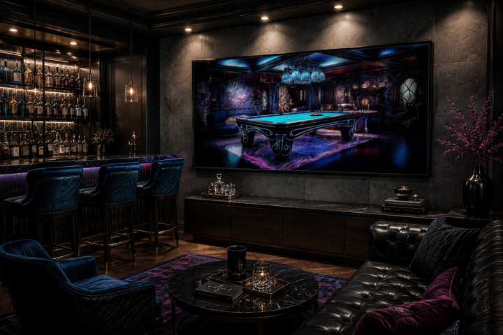Billiards Neon Wall Art framed canvas print featuring a glowing pool table in a dark game room.