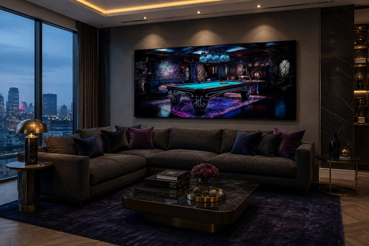 Framed canvas wall art of a pool table with vibrant neon lights in a modern living room setting.
