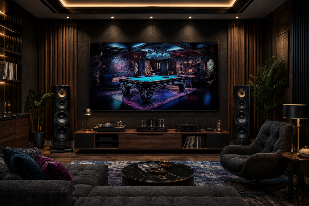 Billiards Neon Wall Art framed canvas print displayed above a media console in a dark modern room.