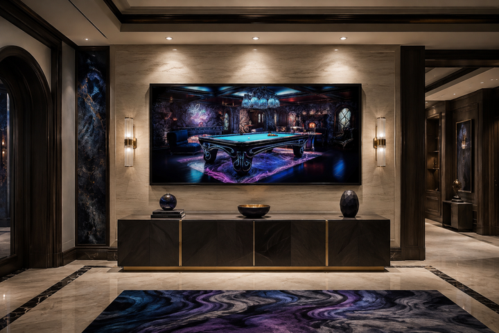 Framed canvas wall art of a neon billiards table in a dark room, hung above a black sideboard.