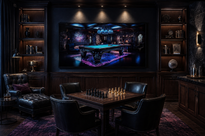 Framed canvas wall art of a neon-lit pool table in a dark, sophisticated game room with chess table.