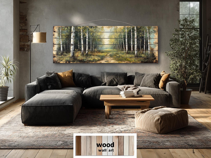Panoramic birch forest wood wall art featuring a rustic path through trees above a modern sofa.