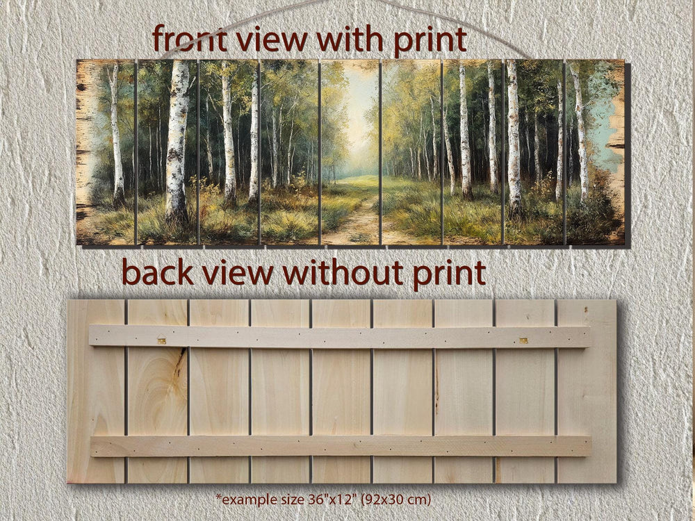 Rustic birch forest landscape printed on a multi-panel solid wood wall art piece.