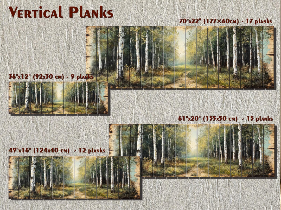 Birch forest landscape printed on vertical wood planks in four different size options.