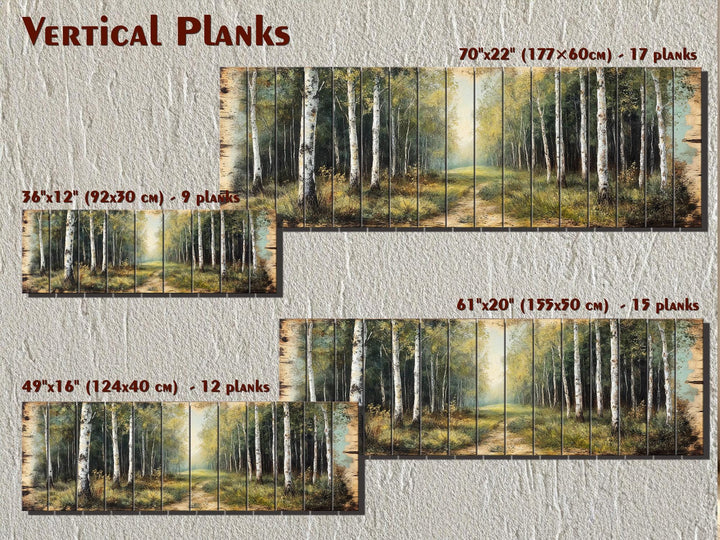 Birch forest landscape printed on vertical wood planks in four different size options.