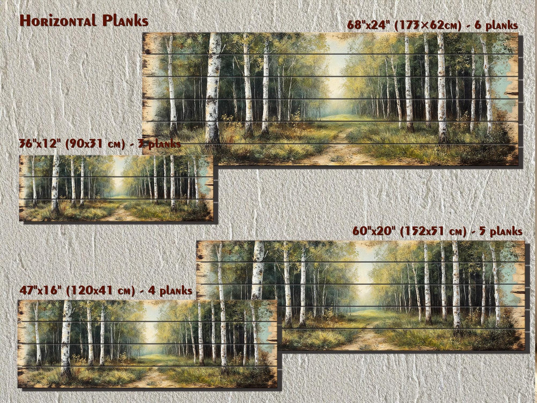 Horizontal birch forest wood wall art shown in four sizes on rustic distressed planks.