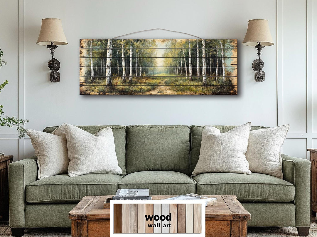 A panoramic birch forest scene printed on distressed wood planks hangs above a green sofa.