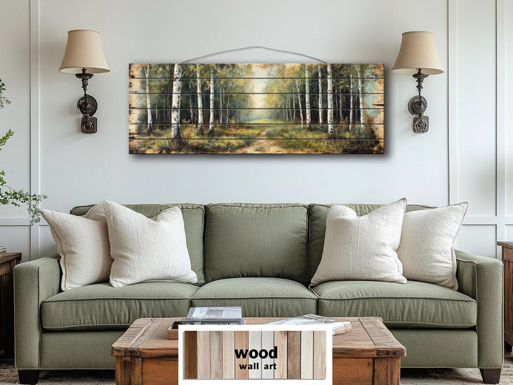 A panoramic birch forest scene printed on distressed wood planks hangs above a green sofa.