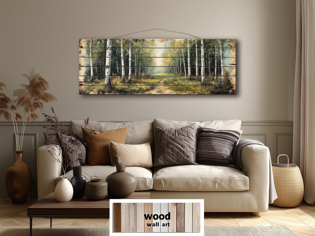 A panoramic birch forest scene printed on distressed wood planks hangs above a neutral sofa.