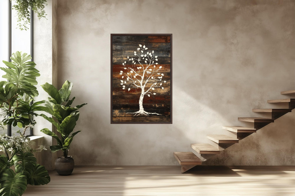 Vertical canvas wall art of a white birch tree painted on a rustic, dark wood plank background.