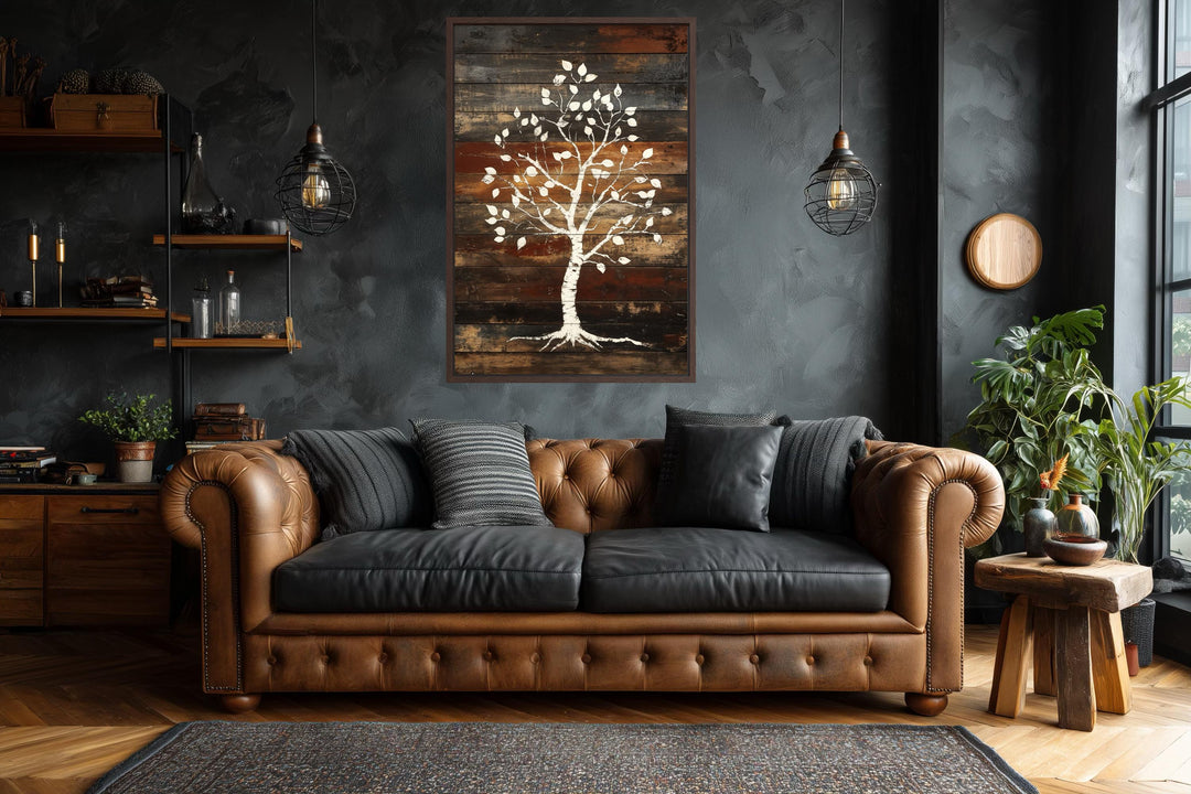 Vertical canvas wall art featuring a white birch tree on a rustic, dark wood plank background.