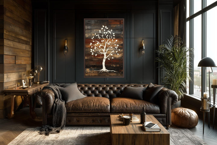 Vertical canvas wall art of a white birch tree painted on rustic, dark wood planks.