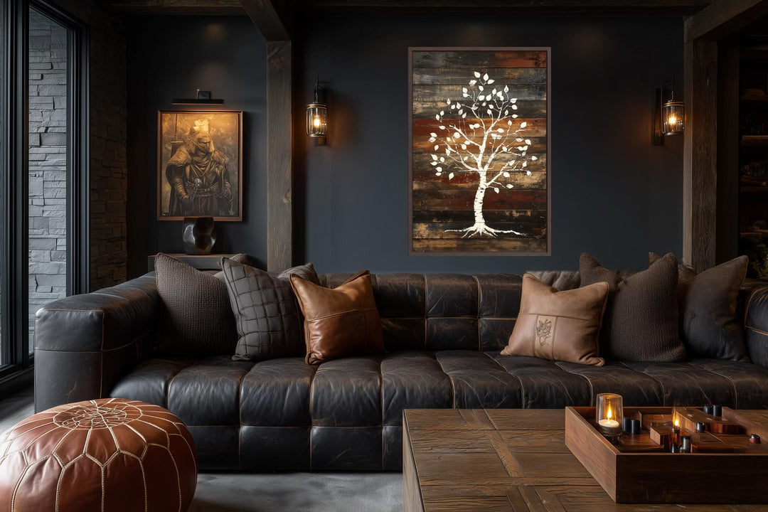 Vertical canvas wall art of a white birch tree painted over rustic, weathered wood planks.