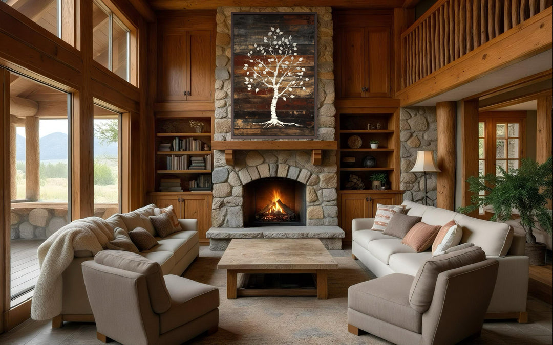 Vertical canvas wall art of a white birch tree on dark, rustic wood planks above a stone fireplace.