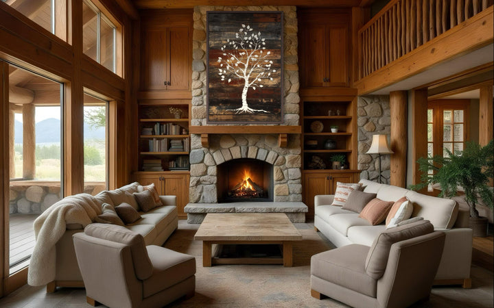 Vertical canvas wall art of a white birch tree on dark, rustic wood planks above a stone fireplace.