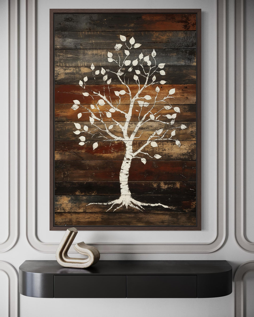 Vertical canvas wall art of a white birch tree against a rustic, dark wood plank background.