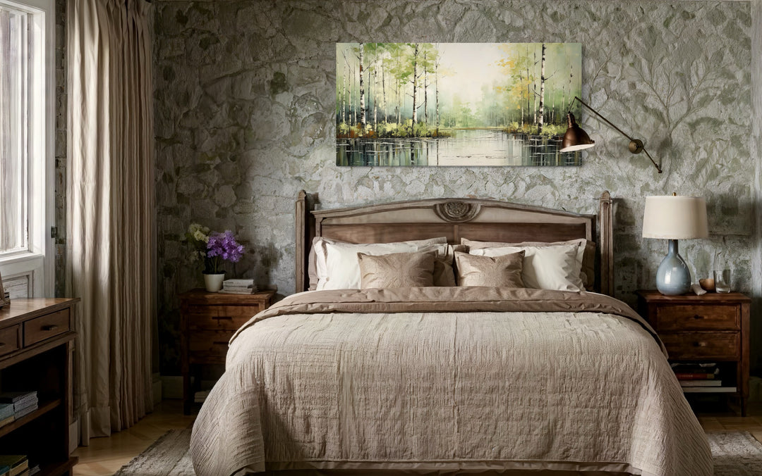 Birch Tree Wall Art - Rustic Framed Canvas Forest Painting for Living Room Decor