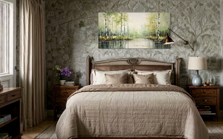 Birch Tree Wall Art - Rustic Framed Canvas Forest Painting for Living Room Decor