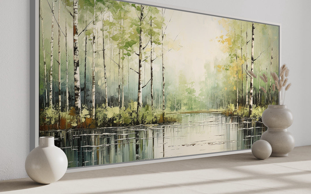 Birch Tree Wall Art - Rustic Framed Canvas Forest Painting for Living Room Decor