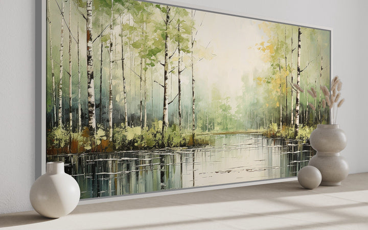 Birch Tree Wall Art - Rustic Framed Canvas Forest Painting for Living Room Decor