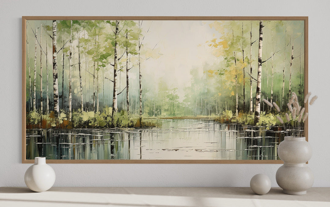 Birch Tree Wall Art - Rustic Framed Canvas Forest Painting for Living Room Decor