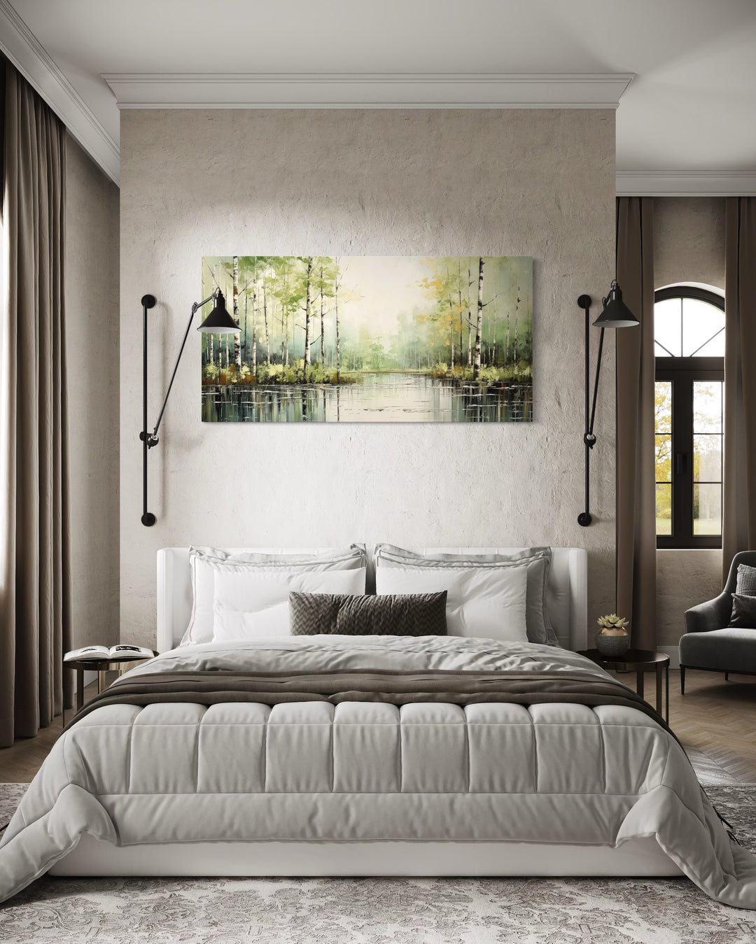 Birch Tree Wall Art - Rustic Framed Canvas Forest Painting for Living Room Decor