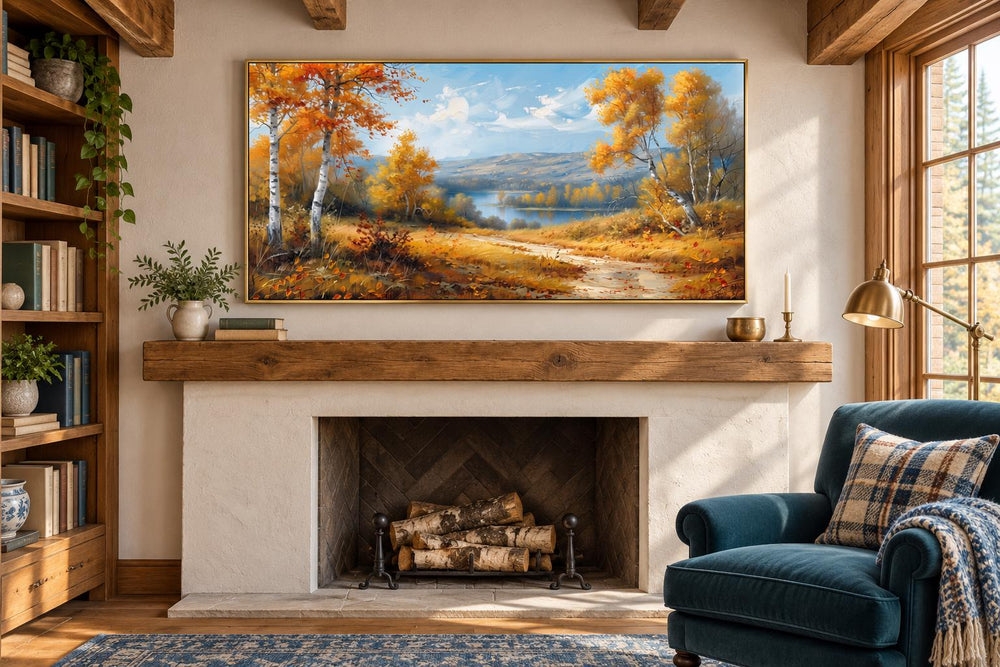 Birch Trees Forest And River In Autumn Framed Canvas Wall Art displayed above a fireplace mantel.