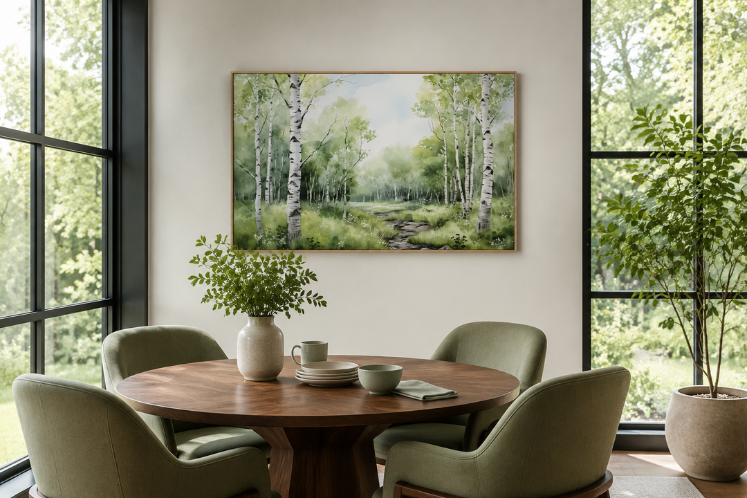 Birch Trees Forest In Summer Framed Canvas Wall Art hanging above a round wooden dining table.
