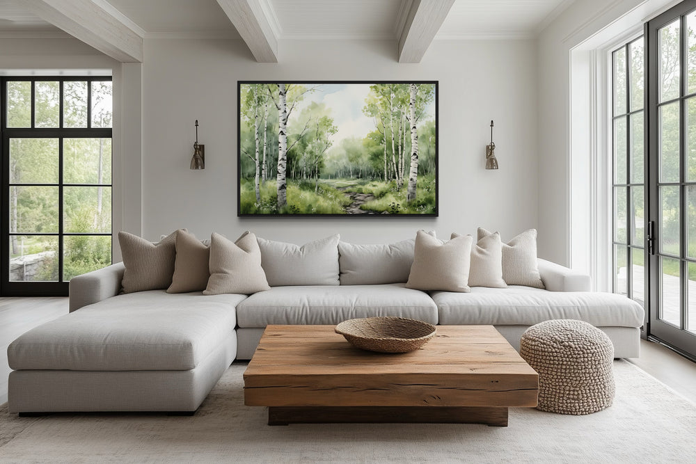 Framed canvas wall art of birch trees in a summer forest.