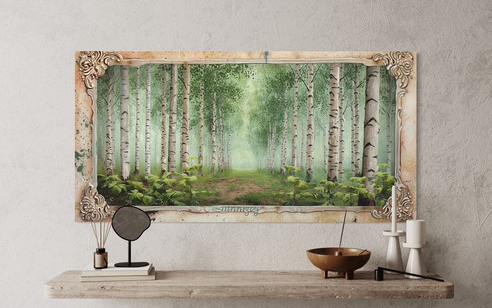 Birch Trees Forest In Summer Rustic Framed Canvas Wall Art close up