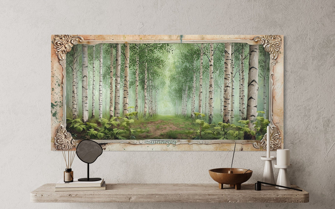 Birch Trees Forest In Summer Rustic Framed Canvas Wall Art